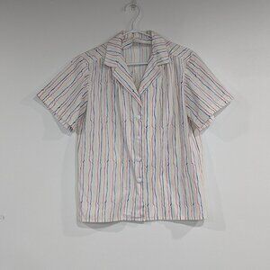 Handmade Vintage Collared Striped Shirt White Red Yellow Blue Size Medium